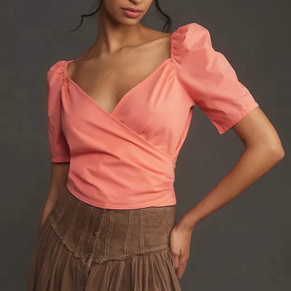 NWT By Anthropologie Puff-Sleeve Wrap Top Shirt in Pink